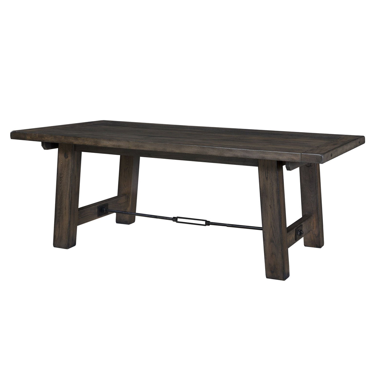 Weathered gray 96 inch trestle dining table with thick plank top, angled legs and iron turnbuckle stretcher