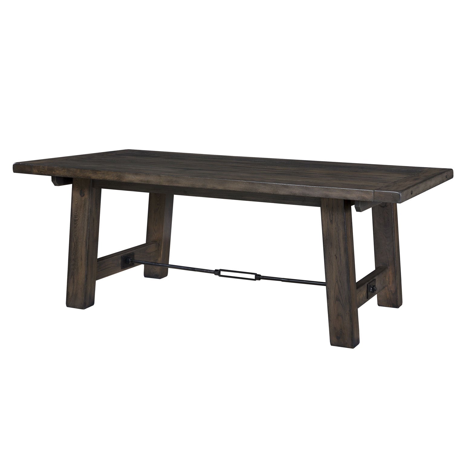 Rustic brown 96 inch iron buckle trestle dining table with bench, slat back chairs and arm chair in a farmhouse dining room