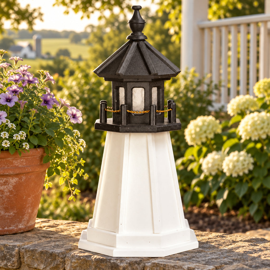 Amish 2' Poly Outdoor Decorative Lighthouse shown in a landscaped Lancaster County yard