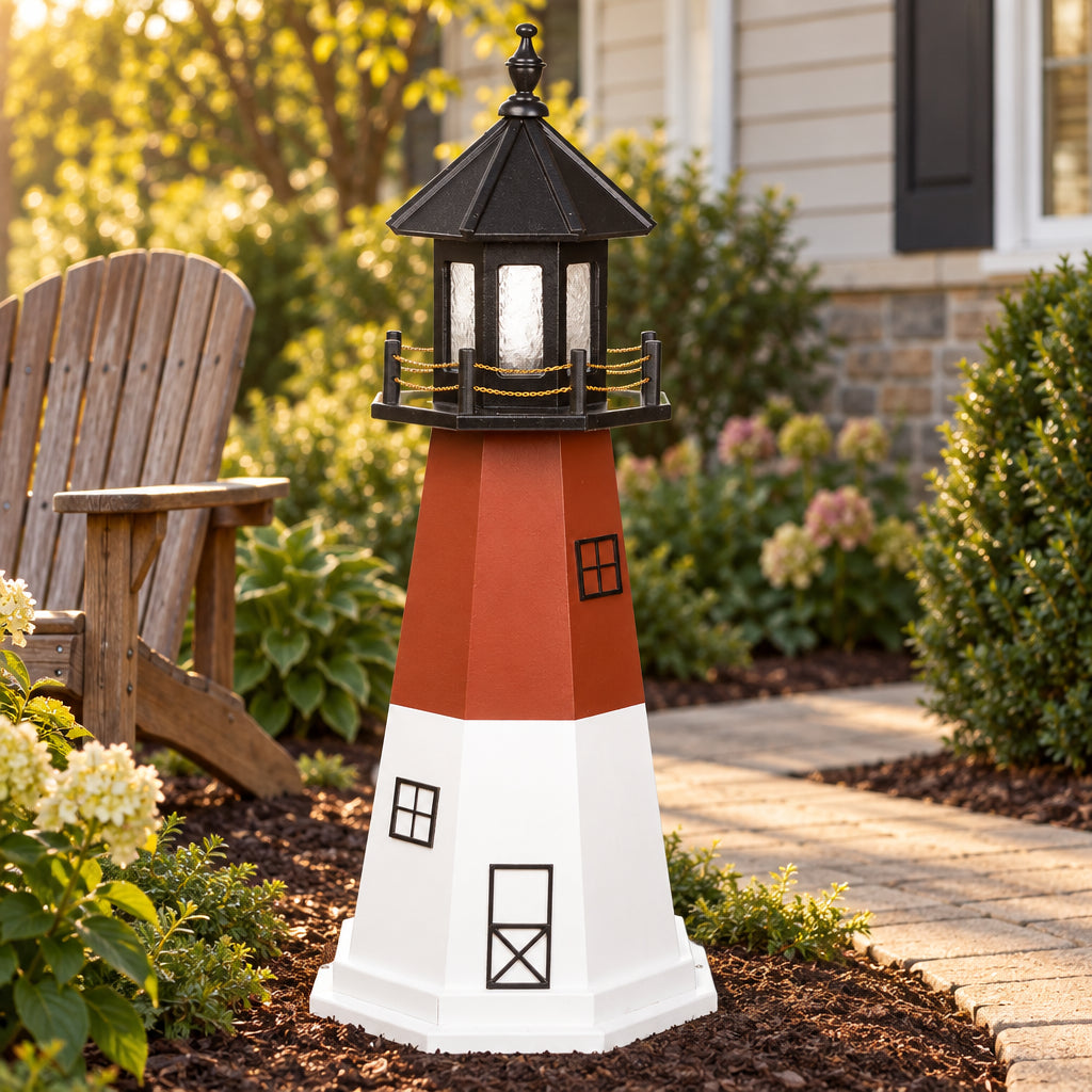Amish 3' Poly Outdoor Decorative Lighthouse shown in a landscaped Lancaster County yard
