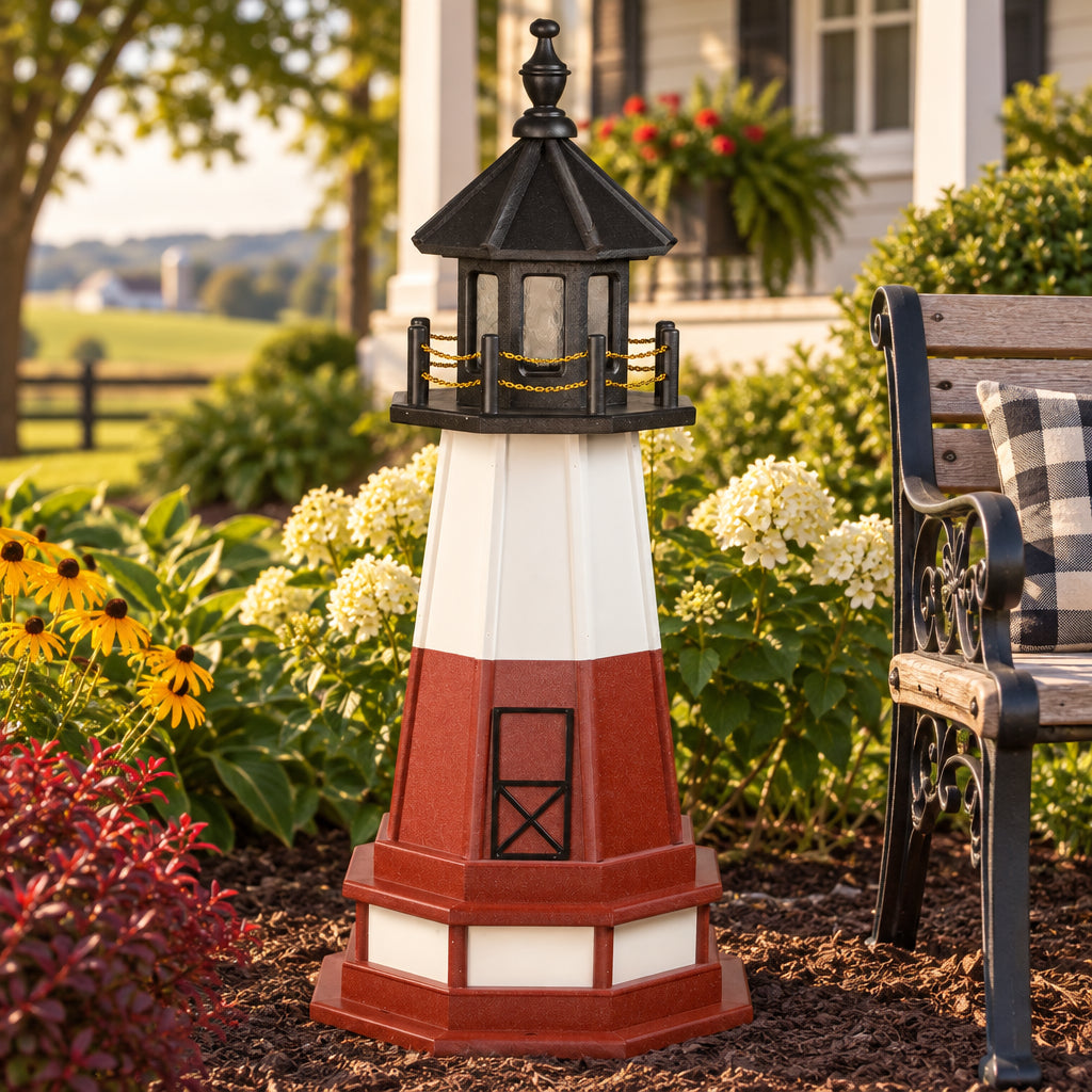 Amish 3' Poly Outdoor Decorative Lighthouse with base shown in a landscaped Lancaster County yard