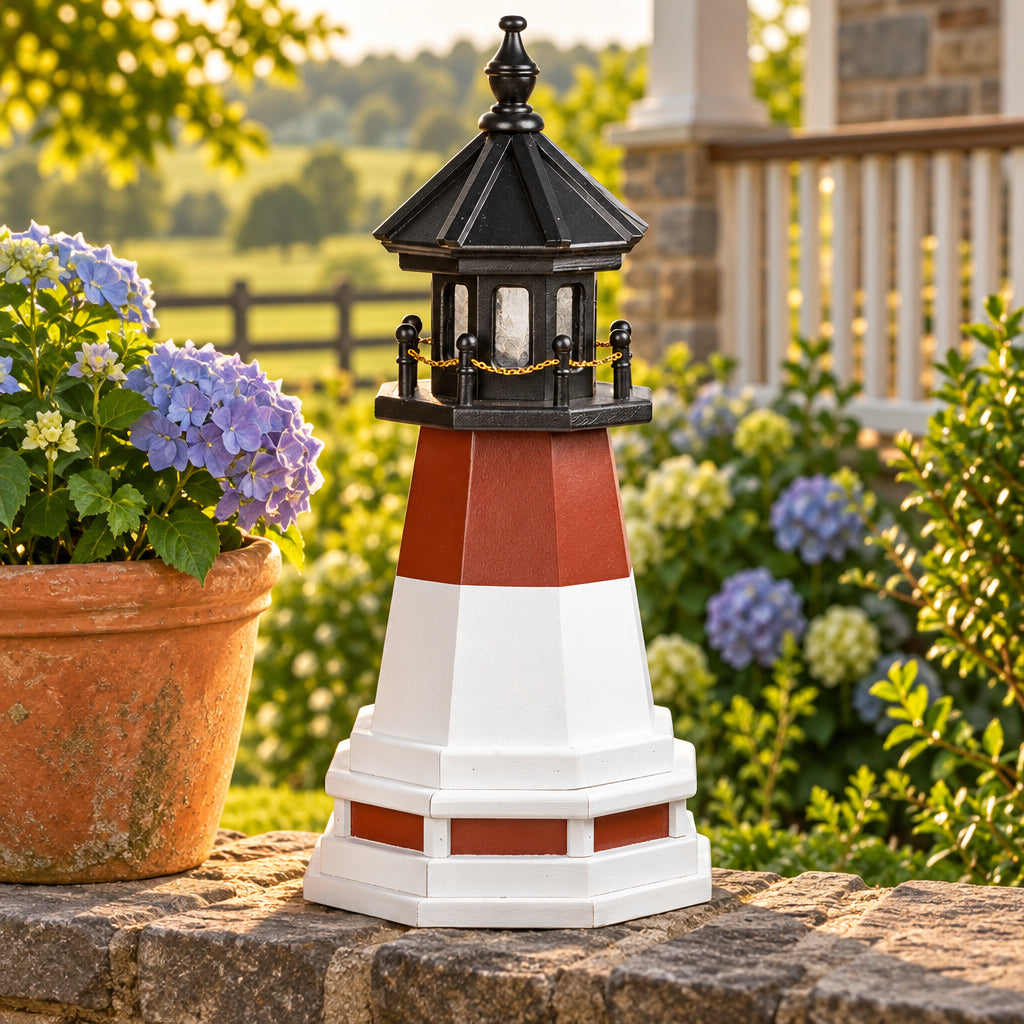 Amish 4' Poly Outdoor Decorative Lighthouse shown in a landscaped Lancaster County yard