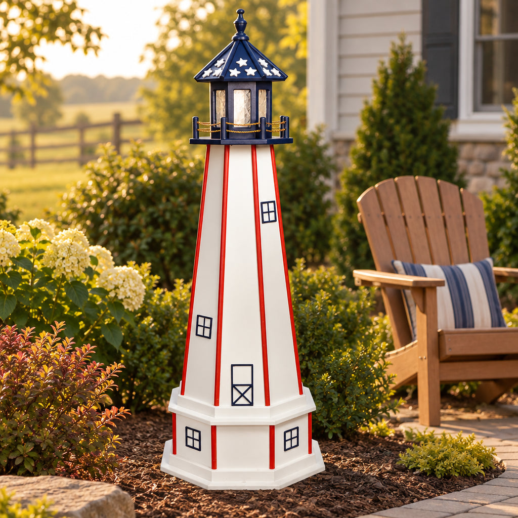 Amish 5' Poly Outdoor Decorative Lighthouse with base shown in a landscaped Lancaster County yard