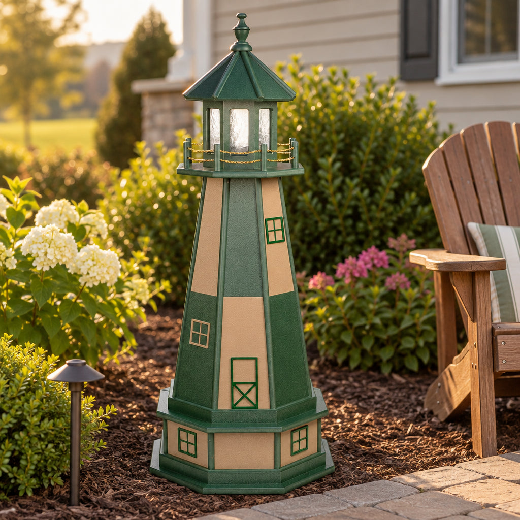 Amish 4' Poly Outdoor Decorative Lighthouse with base shown in a landscaped Lancaster County yard