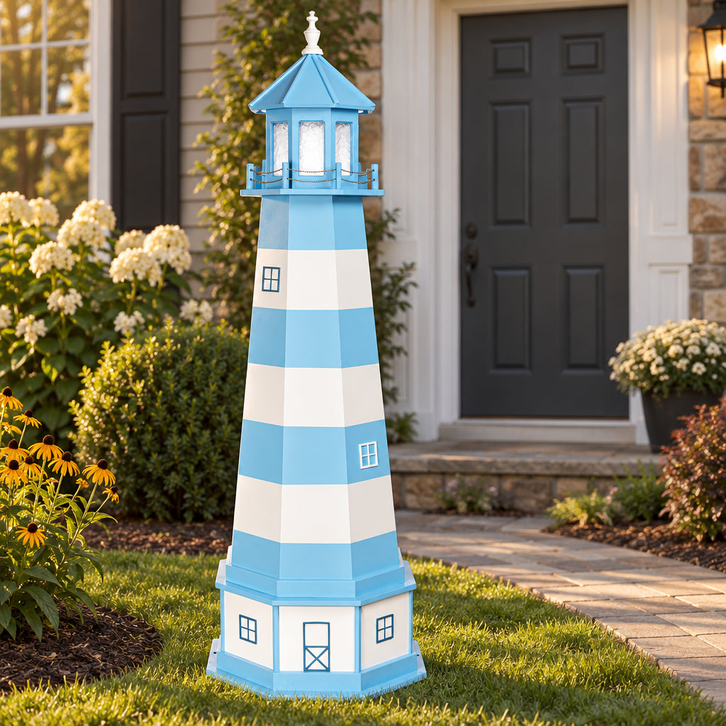 Amish 6' Poly Outdoor Decorative Lighthouse with base shown in a landscaped Lancaster County yard