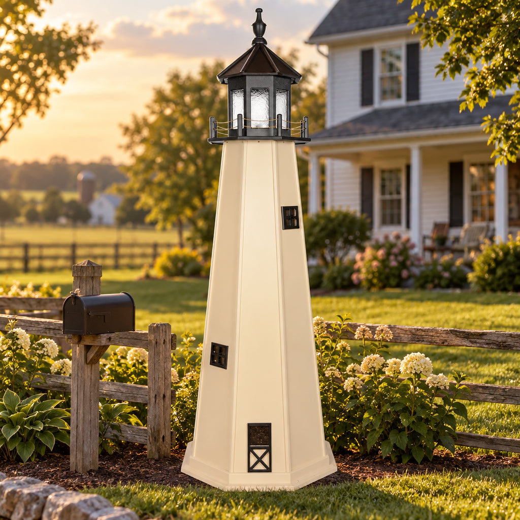 Amish 8' Poly Outdoor Decorative Lighthouse shown in a landscaped Lancaster County yard