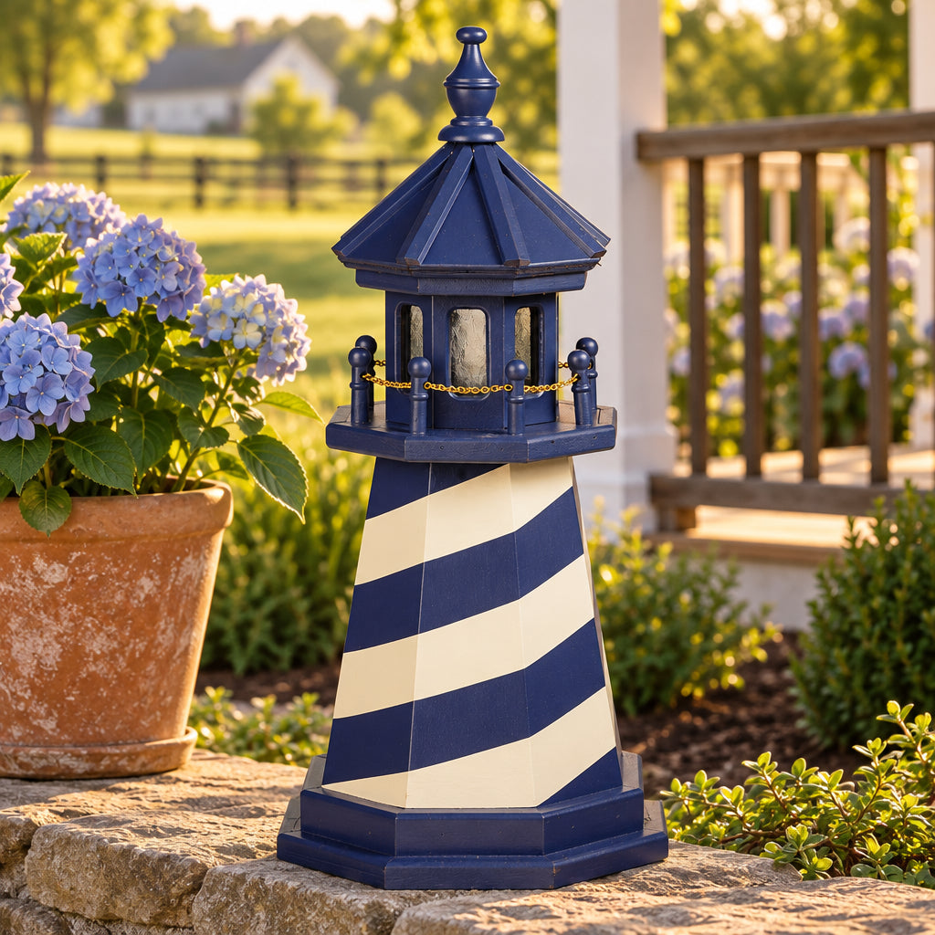 Amish 2' Wood Outdoor Decorative Lighthouse shown in a landscaped Lancaster County yard