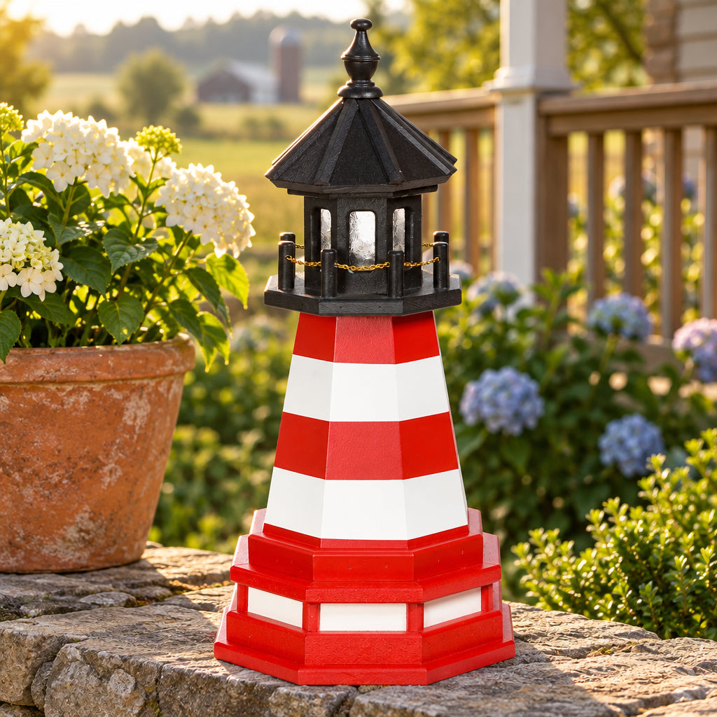 Amish 2' Wood Outdoor Decorative Lighthouse with base shown in a landscaped Lancaster County yard