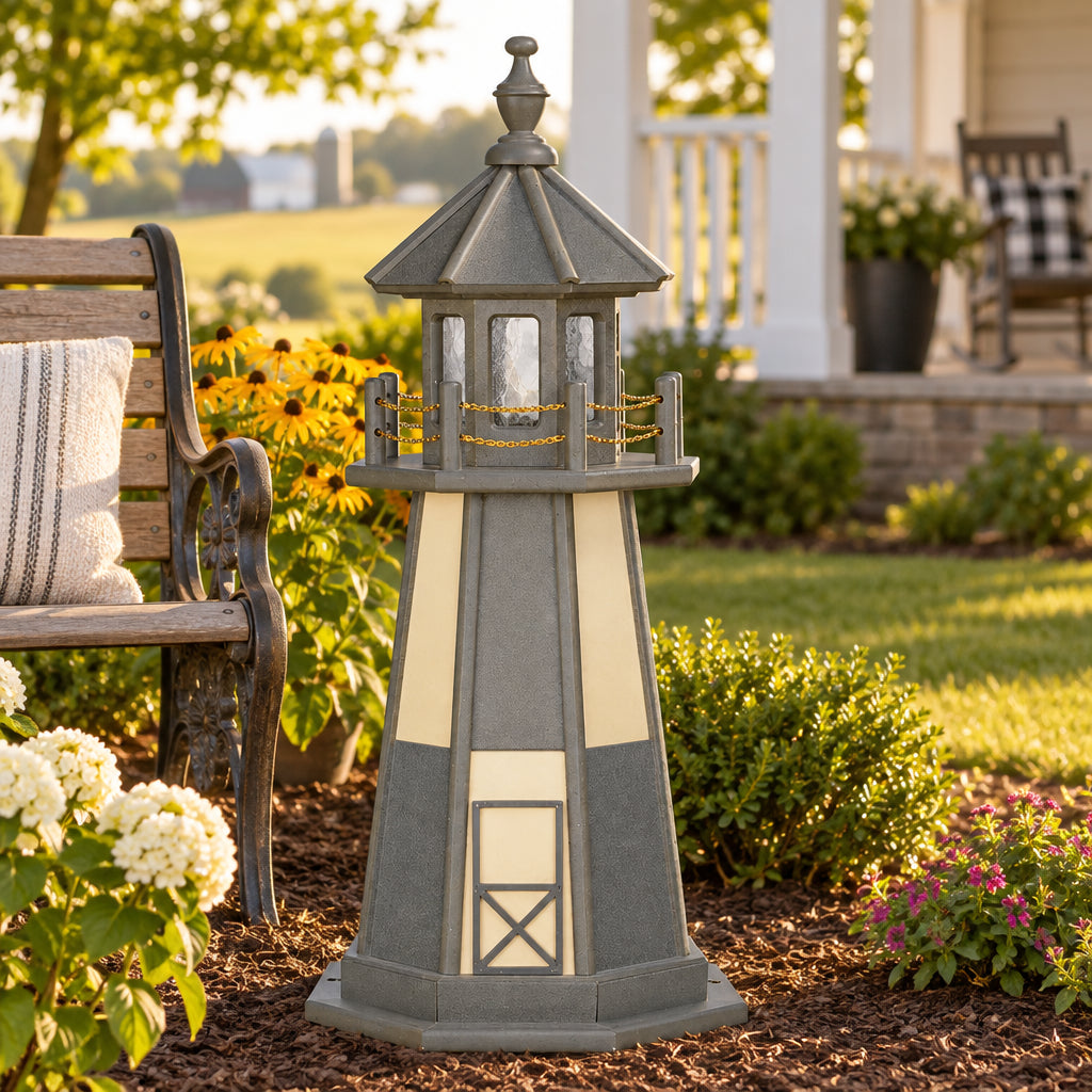 Amish 3' Wood Outdoor Decorative Lighthouse shown in a landscaped Lancaster County yard