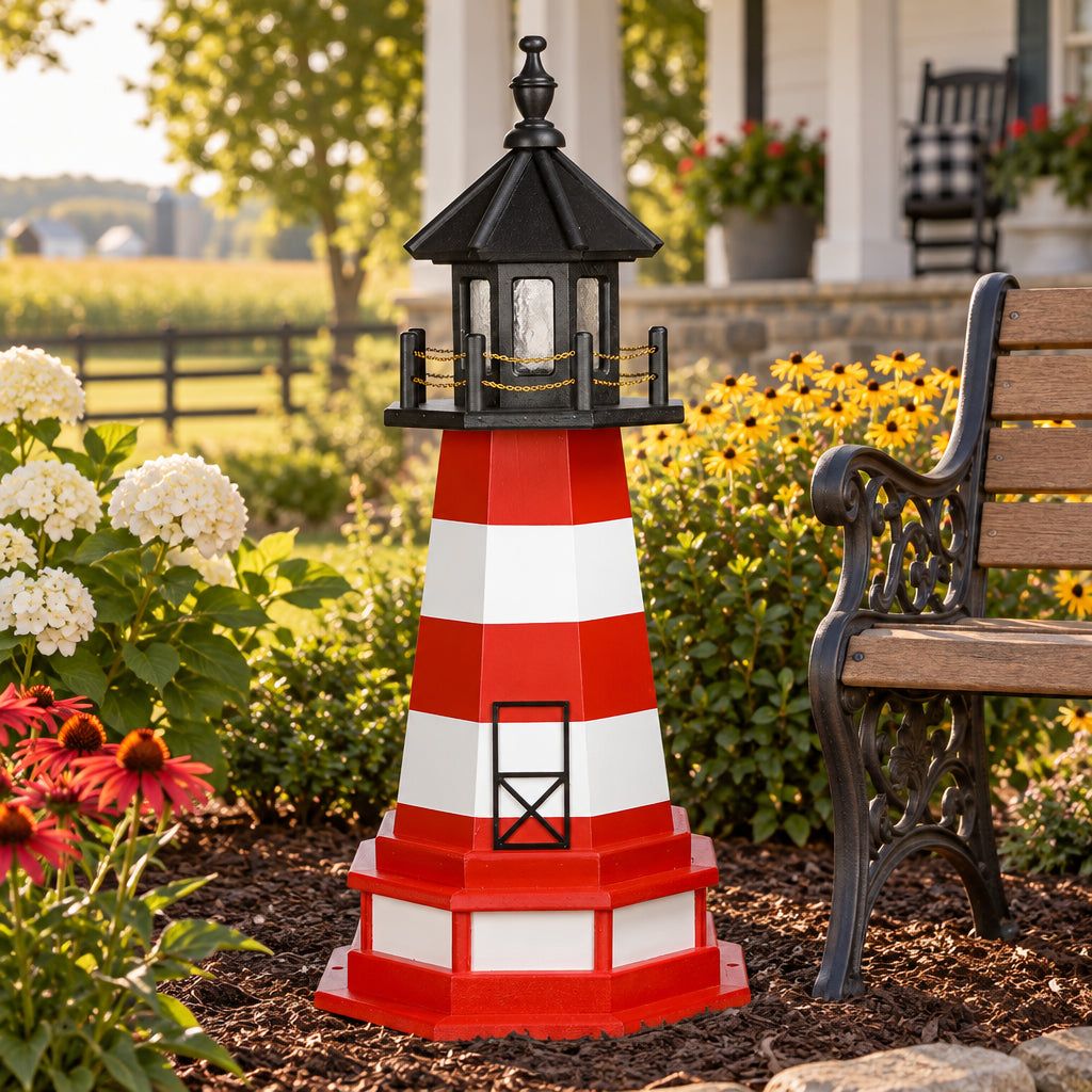 Amish 3' Wood Outdoor Decorative Lighthouse with base shown in a landscaped Lancaster County yard