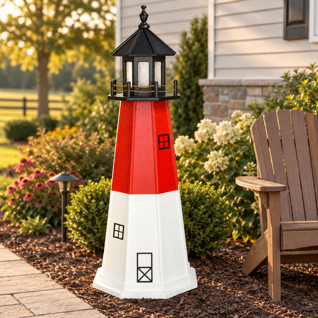 Amish 5' Outdoor Decorative Poly Lighthouse shown in a landscaped Lancaster County yard