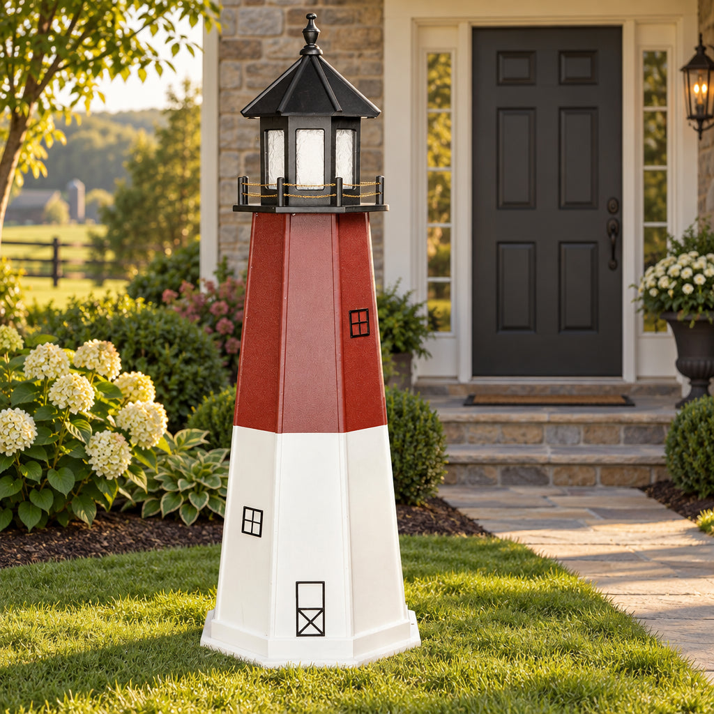 Amish 6' Wood Outdoor Decorative Lighthouse shown in a landscaped Lancaster County yard