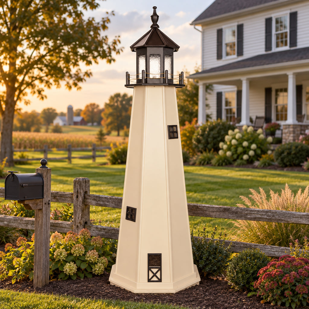 Amish 8' Wood Outdoor Decorative Lighthouse shown in a landscaped Lancaster County yard