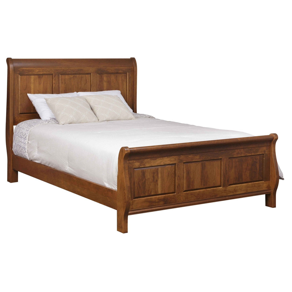 Panel sleigh bed in warm cherry with curved headboard and footboard, three raised panels each, dressed in white bedding