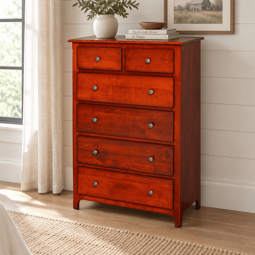 Plymouth Amish Solid Wood Chest of Drawers shown in the bedroom of a modern farmhouse home