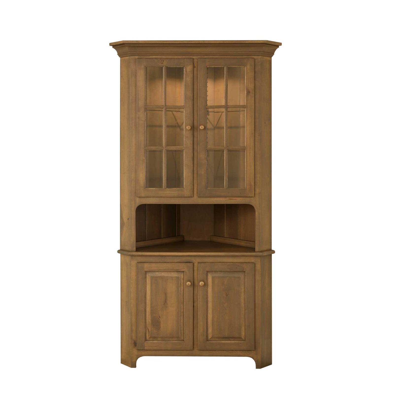 Light stained corner china cabinet with lit mullioned glass doors, yellow dishware and a paneled two-door base
