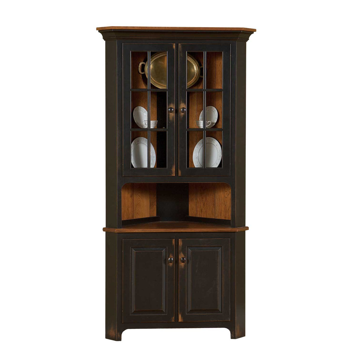 Two-tone corner china cabinet with black painted case, oak top and interior, mullioned glass doors and paneled base