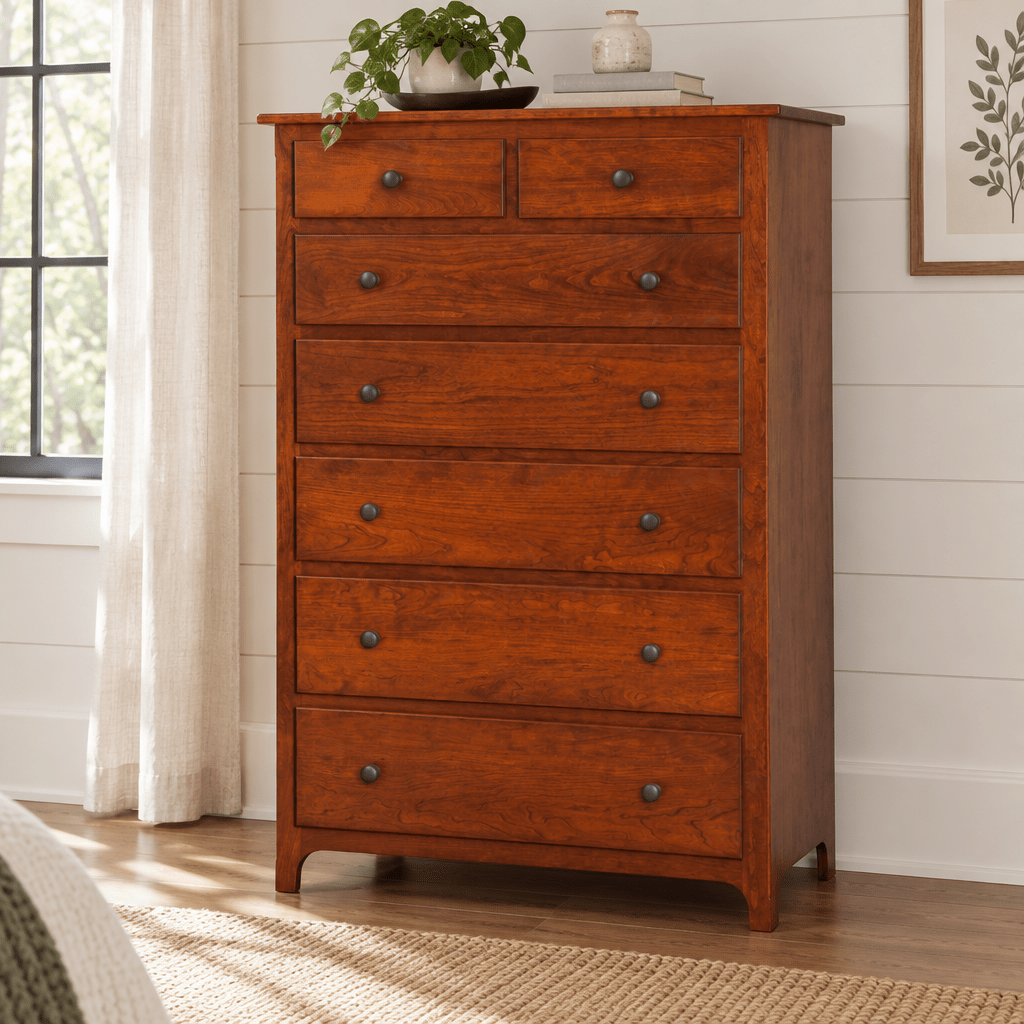 Plymouth Amish Solid Wood Large Chest of Drawers shown in the bedroom of a modern farmhouse home