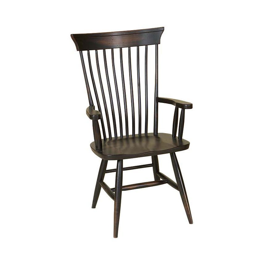 Black Windsor arm chair with spindle back, curved crest rail, shaped arms with knuckle ends and scooped seat