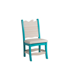 Aruba blue poly dining chair with driftwood wave back and a cream cushioned seat on a white background