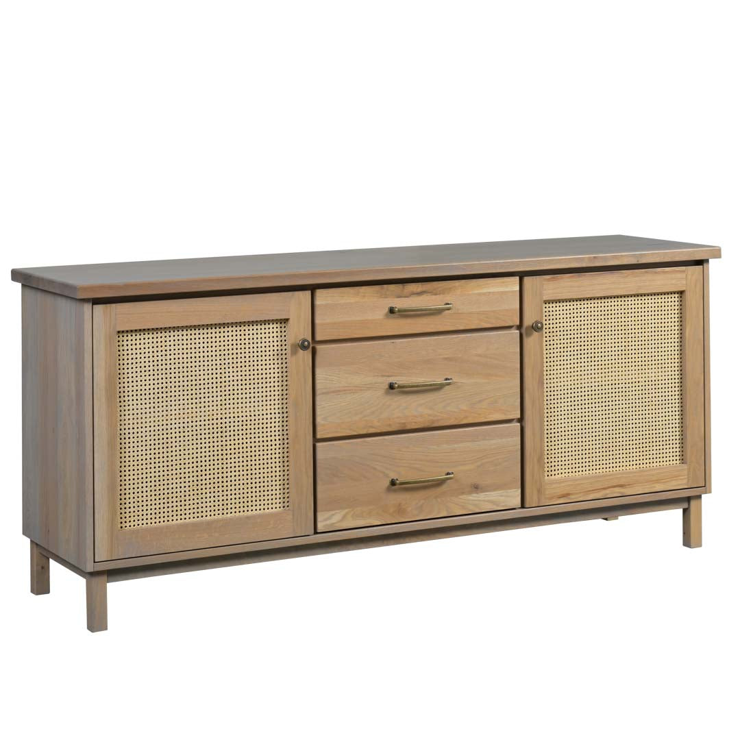 A mid-century modern sideboard cabinet with a light oak wood finish, featuring three drawers in the center with metal handles and two doors with woven cane panels on either side.