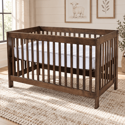 Prudence Amish 4 in 1 Convertible Baby Crib shown in the nursery of a modern farmhouse home