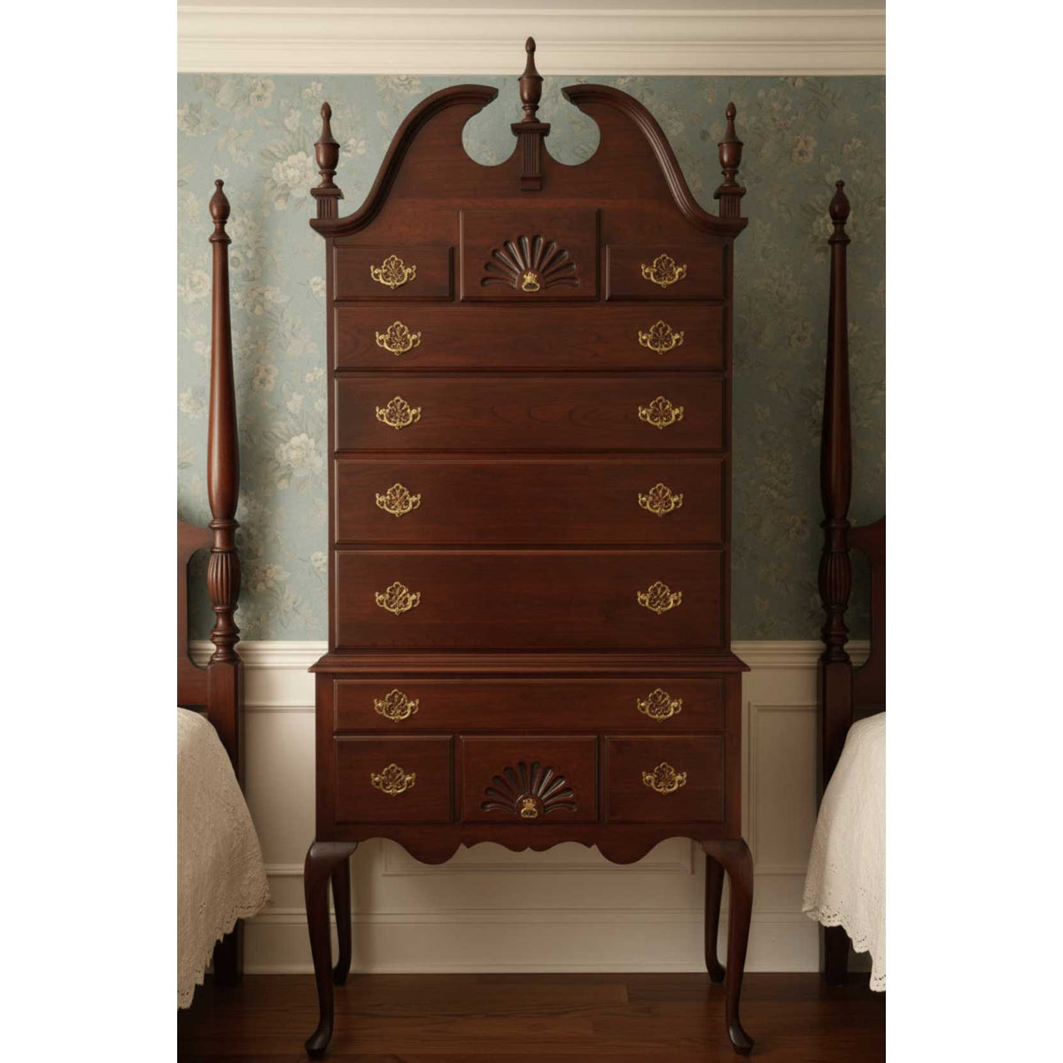 Amish Jamestown Colonial Chippendale Style Bonnet Top HighBoy Chest