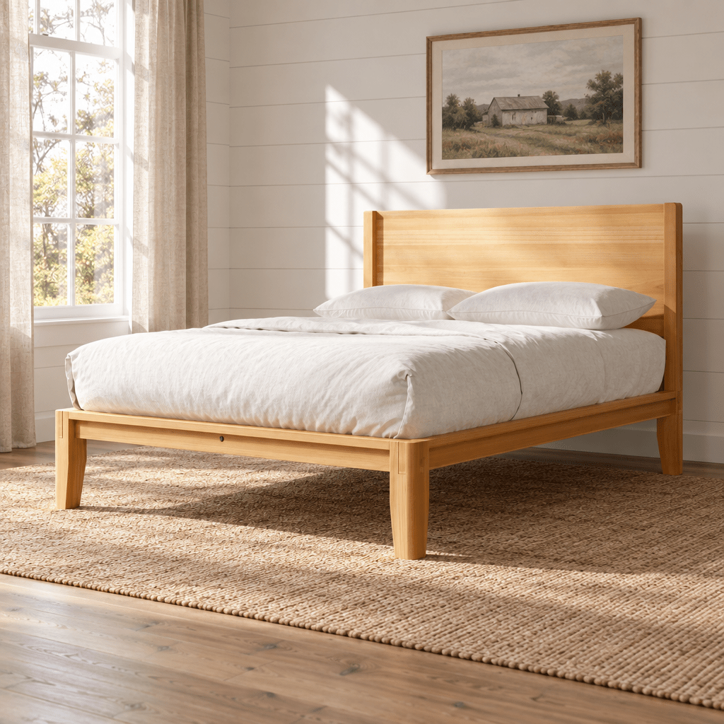 Queen Size Holin Amish Platform Bed shown in the bedroom of a modern farmhouse home