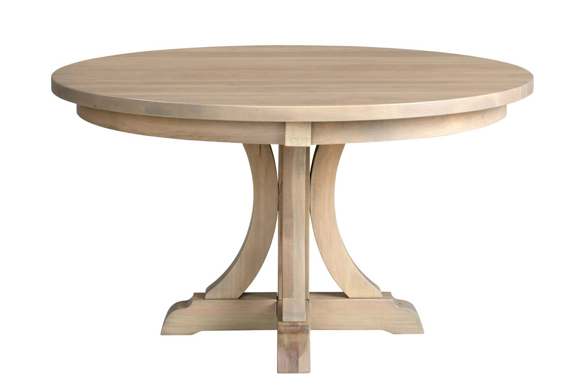 Round wooden table with a light finish on a white background
