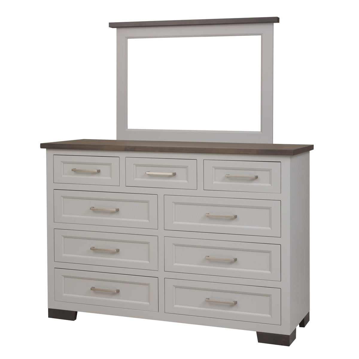 Two-tone dresser with white painted drawers, gray plank top and mirror, nine drawers with brushed nickel bar pulls