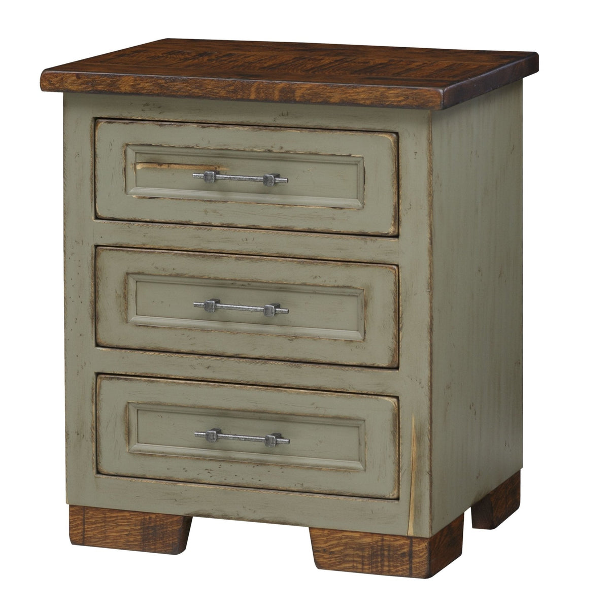 Sage green painted nightstand with three drawers, iron bar pulls and a rustic brown plank top and block feet