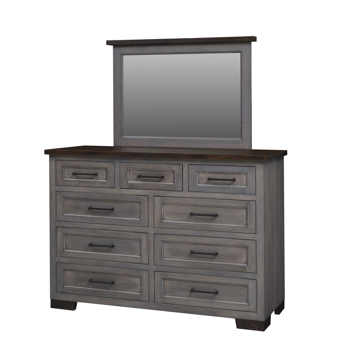 Weathered gray nine-drawer dresser with dark brown plank top, framed mirror and black bar pulls on block feet