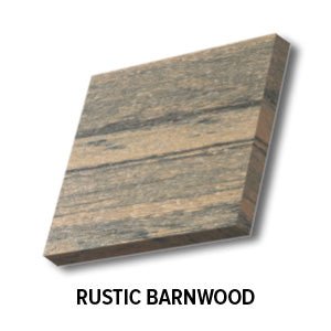 Rustic Barnwood poly sample board with tan and gray wood grain streaks and a printed color name label