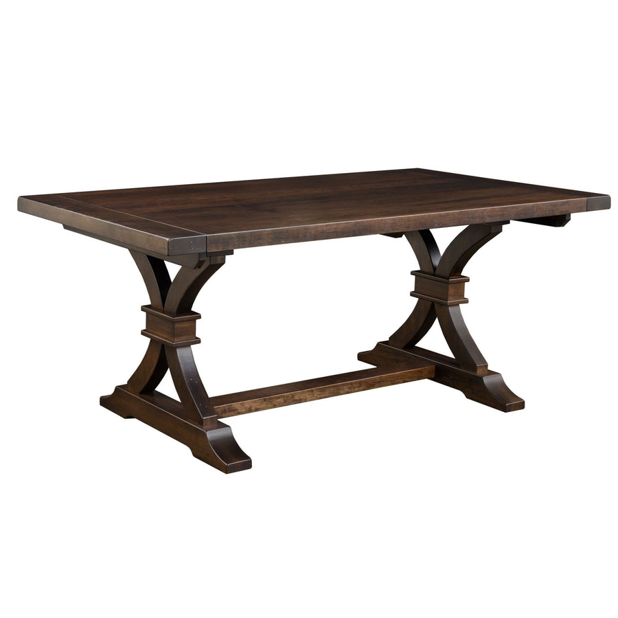 Sherwood trestle dining table in dark brown maple with plank top, curved X trestle legs and long center stretcher