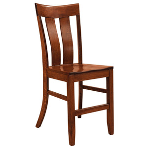 Quartersawn oak bar chair in a rich brown stain with a curved crest rail, two wide back slats and a solid wood seat