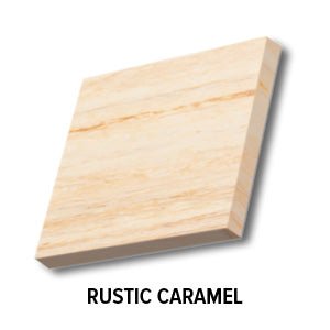 Rustic Caramel poly lumber sample square, a pale blond board with soft caramel streaks and label