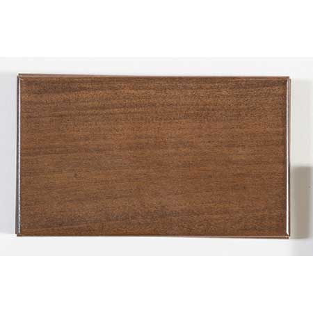 Special Walnut stain sample on brown maple, a rectangular medium brown board with smooth straight grain on a white background