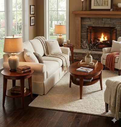 Living room with a round cherry coffee table and matching round end tables beside a cream sofa and stone fireplace