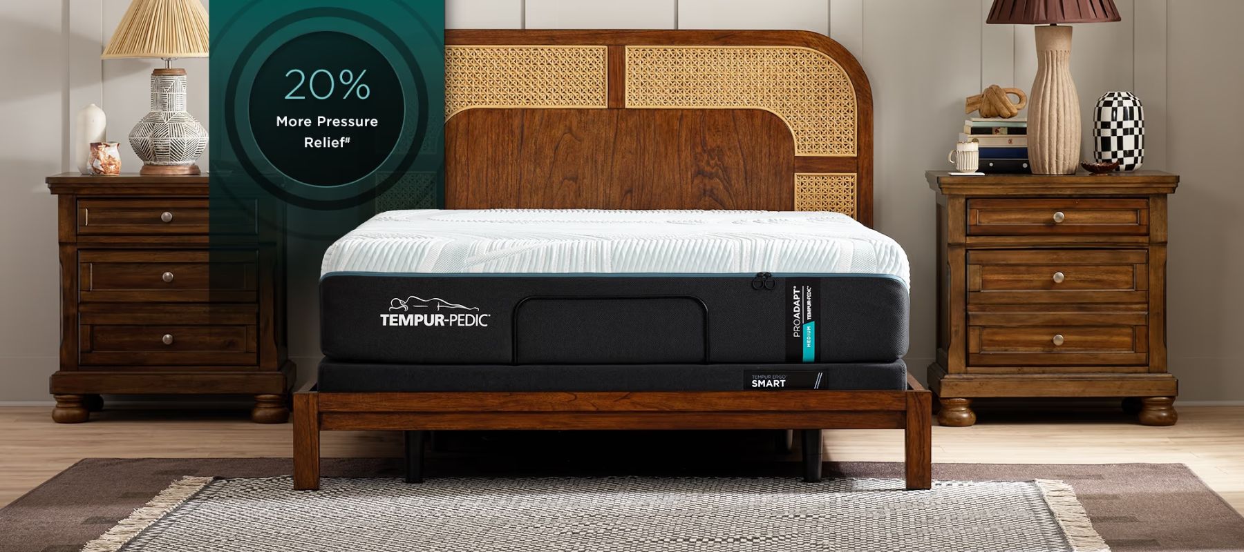 Advanced pressure relief 12 inch mattress on a cane and wood bed with a 20 percent more pressure relief badge