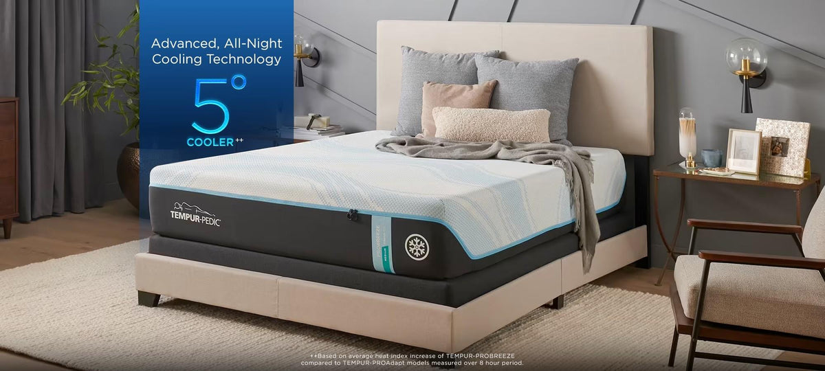 Tempur-Pedic ProBreeze Medium mattress in a bedroom, 5 degrees cooler