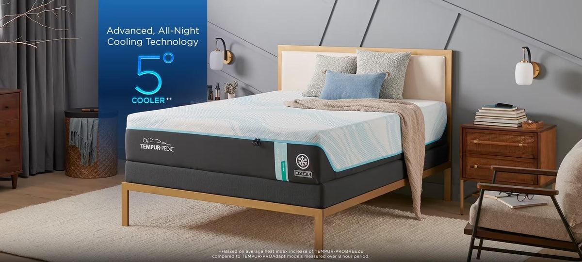 Tempur-Pedic ProBreeze Medium Hybrid mattress in a bedroom, 5 degrees cooler
