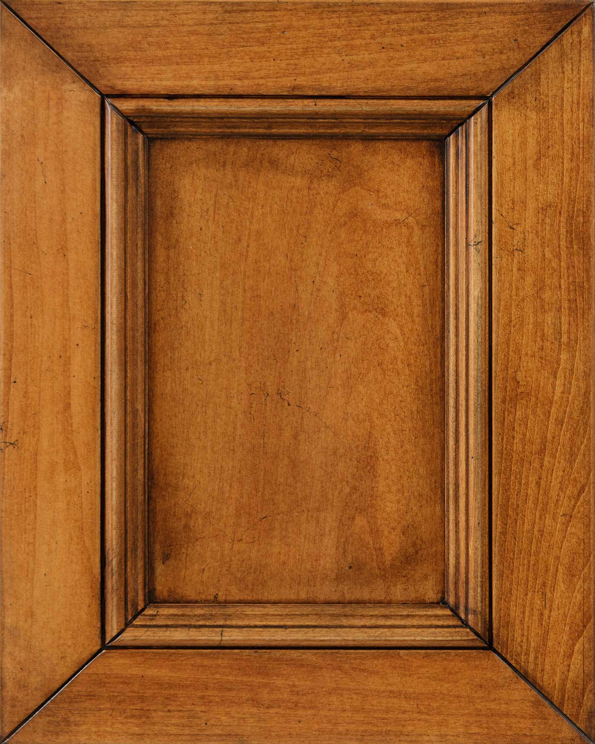 Vintage Yukon stain on maple wood sample, a mellow amber panel door with darker antiqued molding and smooth maple grain