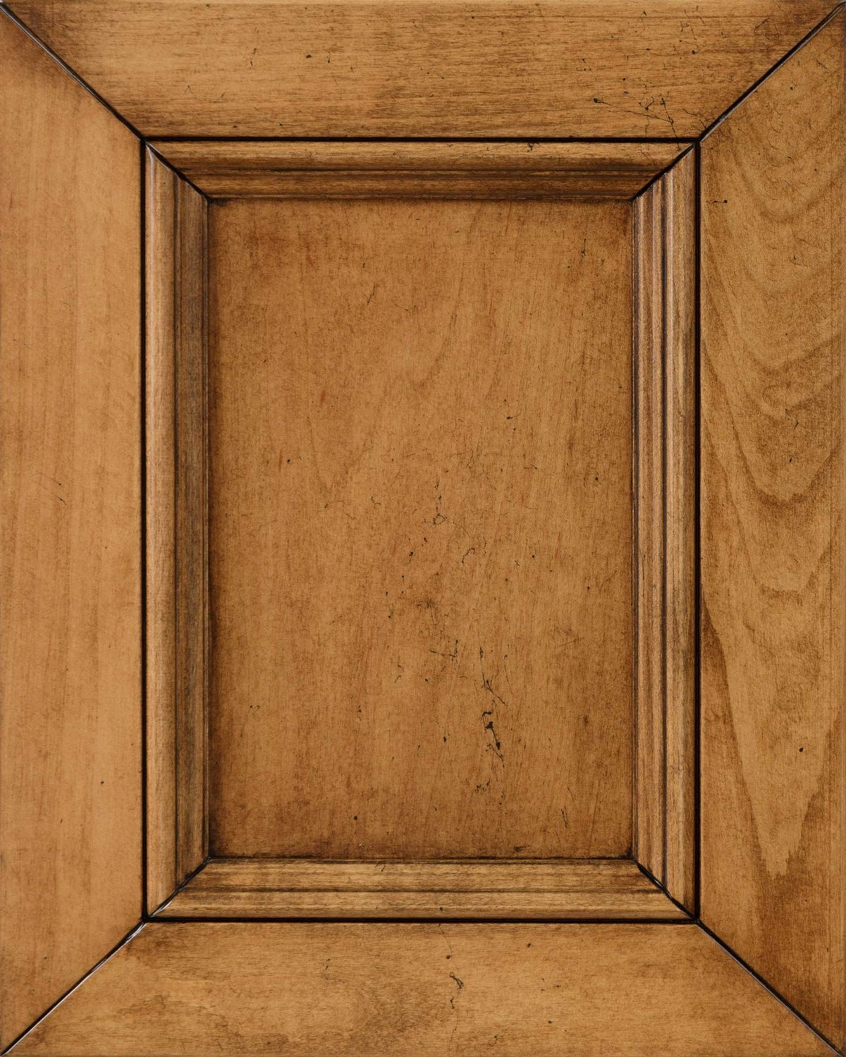 Vintage Brentwood stain on maple sample showing a golden caramel panel with mineral streak flecks and darkened bevel edges