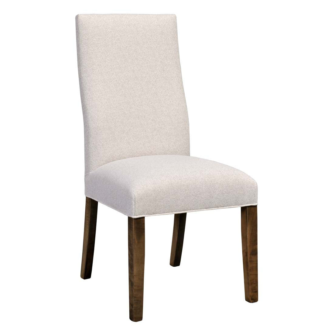 An upholstered dining chair with a tall rectangular backrest, a padded seat, and four tapered dark brown wooden legs, shown on a plain white background.
