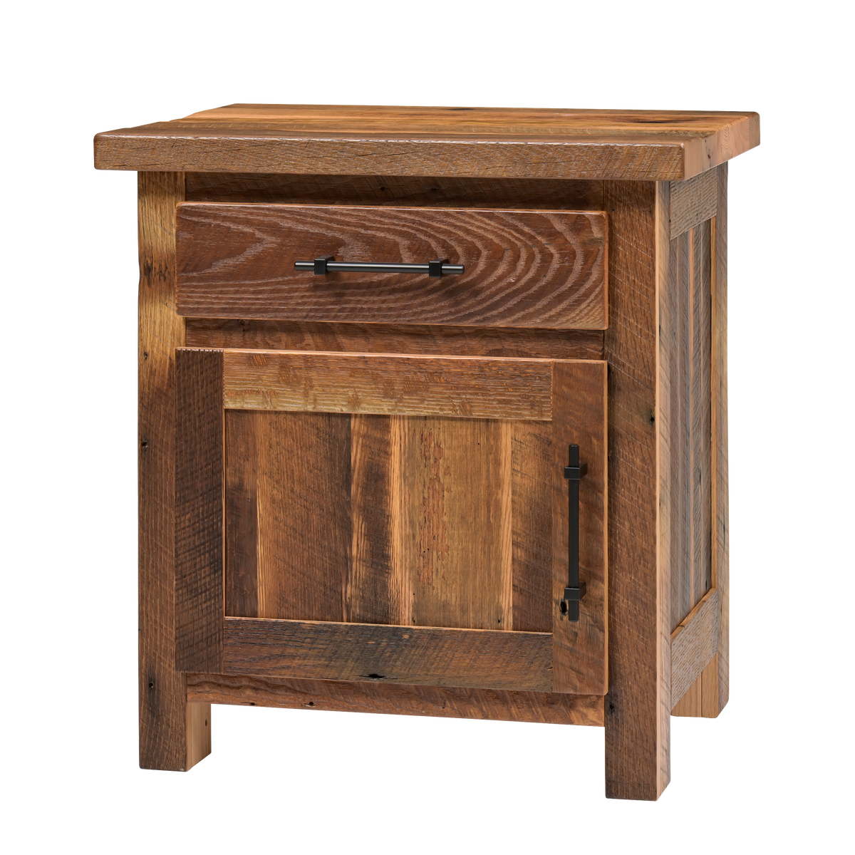 A rustic wooden side table with a single drawer and a lower cabinet door, featuring dark metal bar handles and a warm medium-brown finish, shown on a white background.