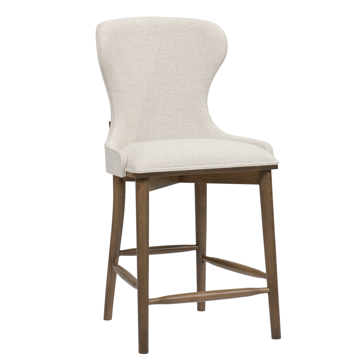 An upholstered bar stool with a curved backrest, cream fabric seat and back cushion, and a medium brown wooden frame with four legs and footrests, shown on a plain white background.