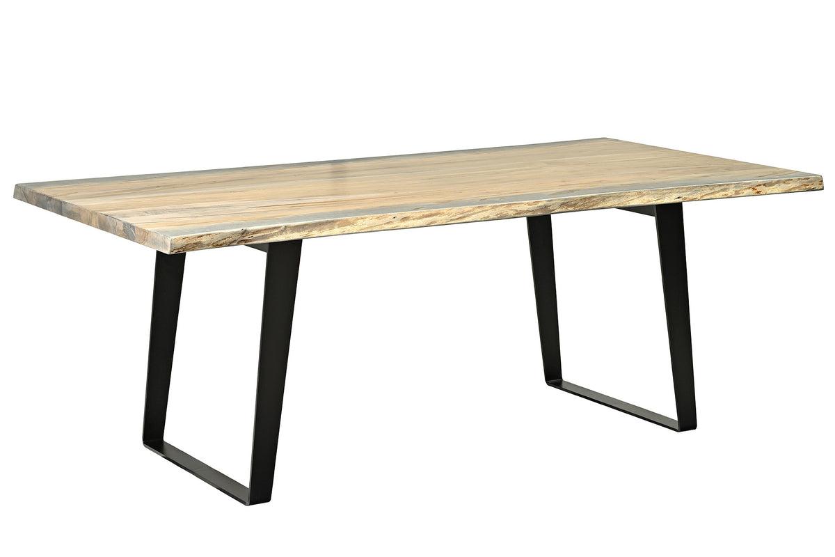 A rectangular dining table with a light natural wood grain top and black metal legs, shown against a plain white background.