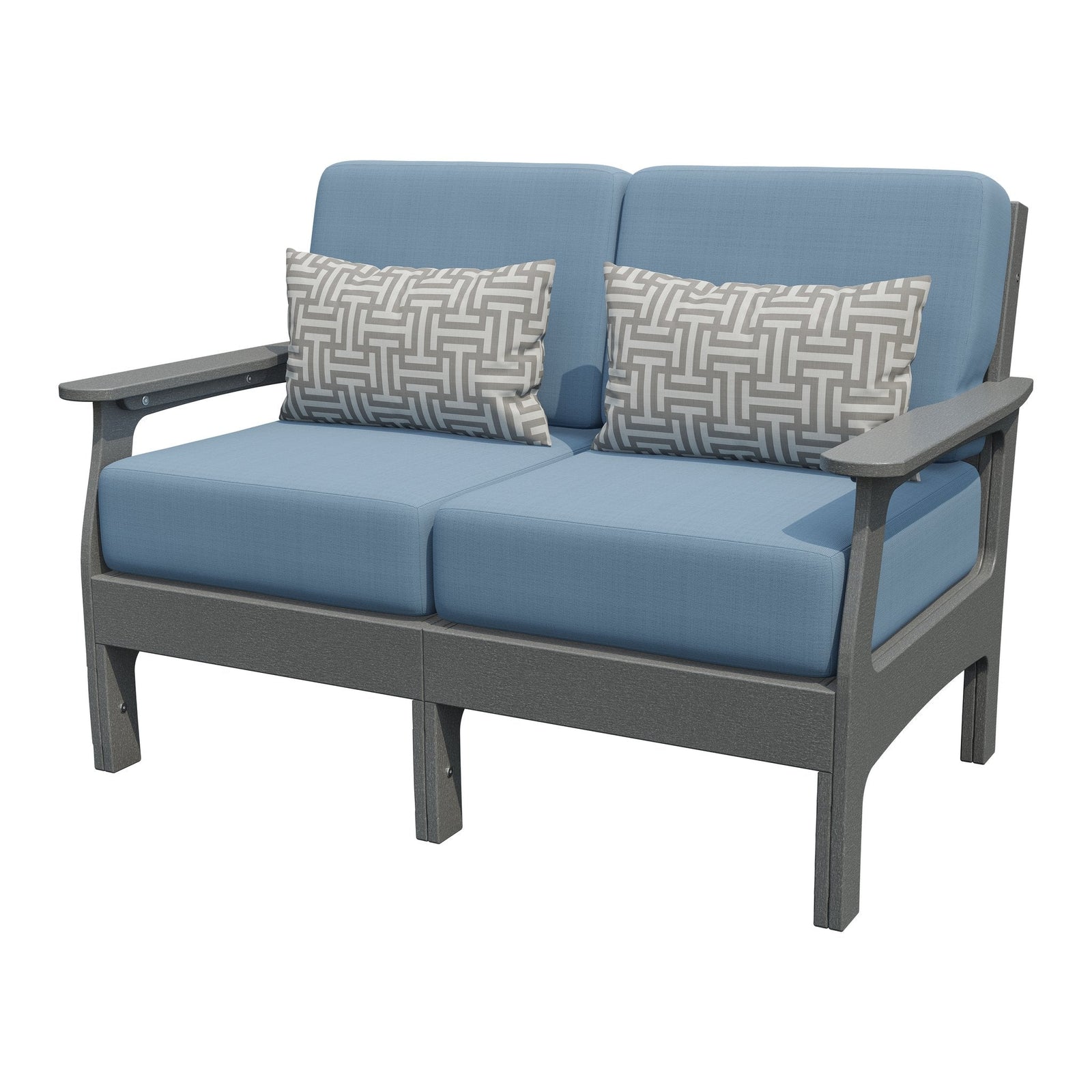 Gray poly patio loveseat with blue deep seat cushions and two gray geometric pillows, on a white background