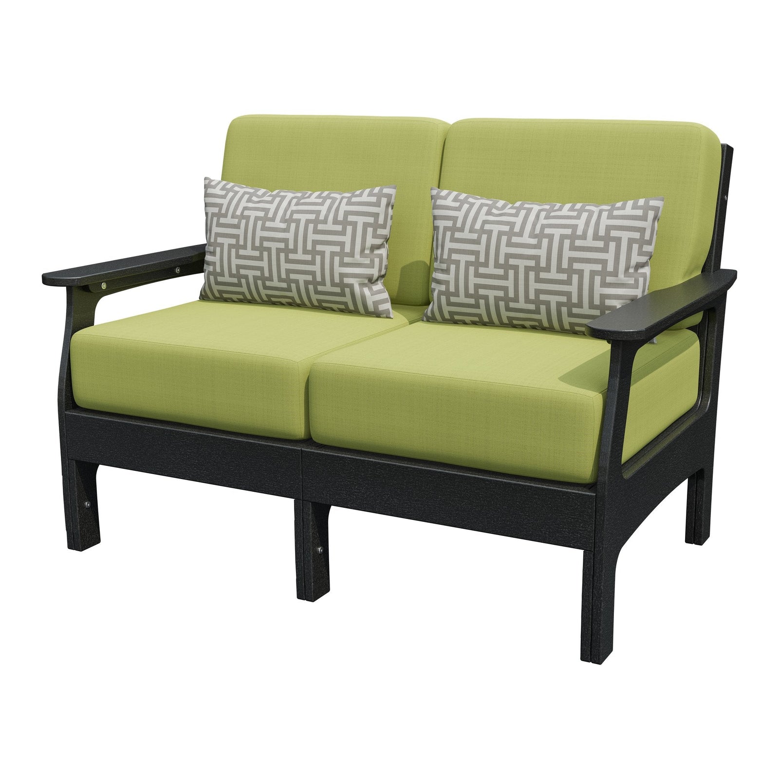 Gray poly patio loveseat with blue deep seat cushions and two gray geometric pillows, on a white background