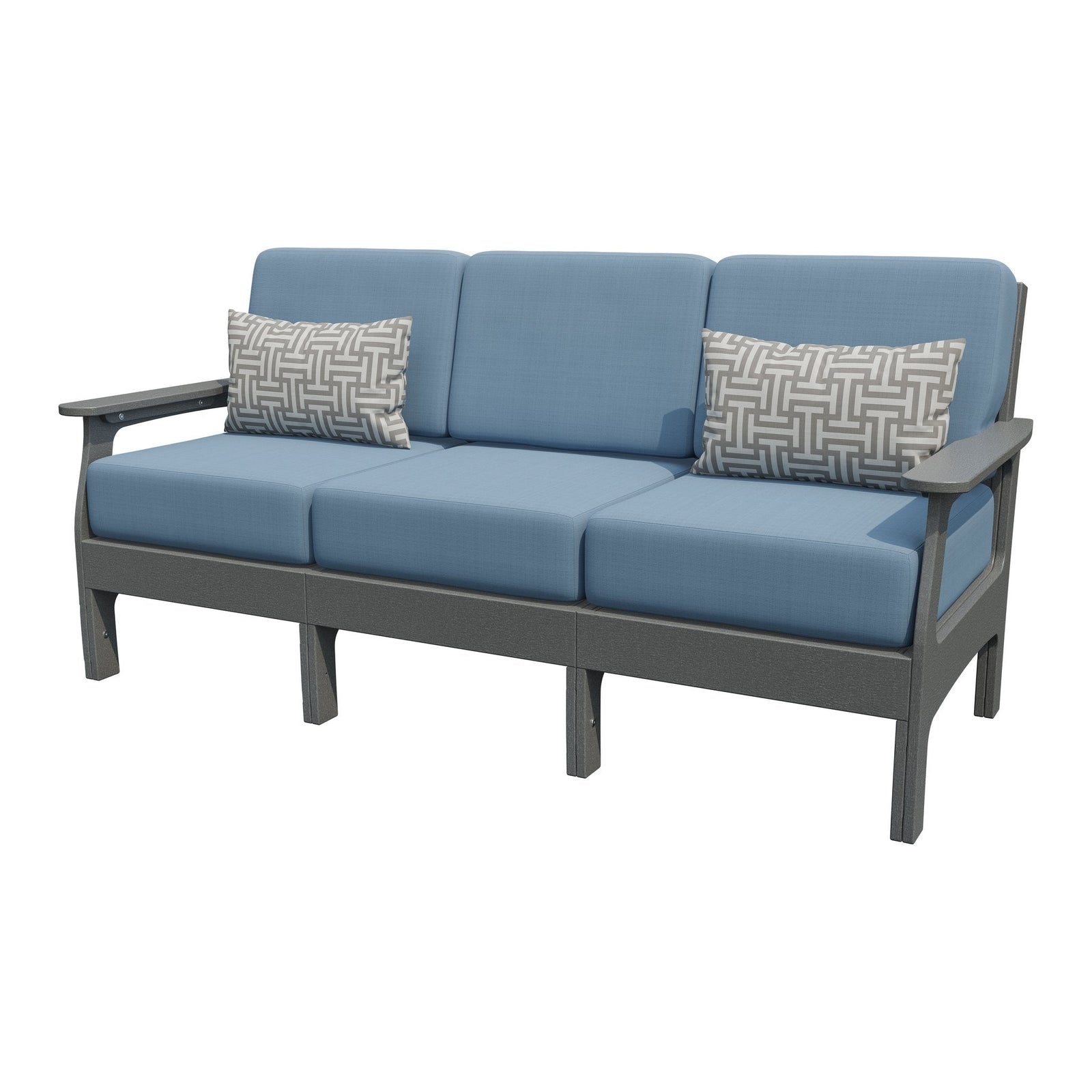 Gray poly three seat patio sofa with blue cushions and two gray geometric lumbar pillows, on a white background
